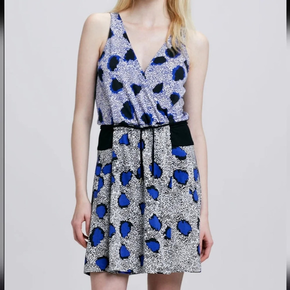 Diane von Furstenberg Oblixe Blue Cheetah Faux Wrap Sleeveless Silk Dress S 6 - Picture 1 of 15